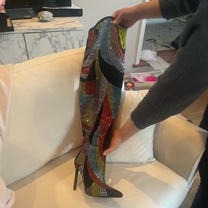 Over the knee, high heel multicolored boot. Size 7 1/2. Never been worn.